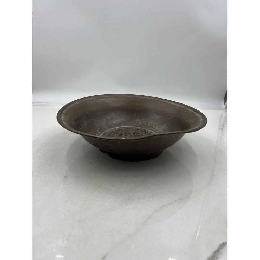 Brass Footed Shallow Bowl Chinese Fu Good Fortune Etched Greek Key Patina Decor